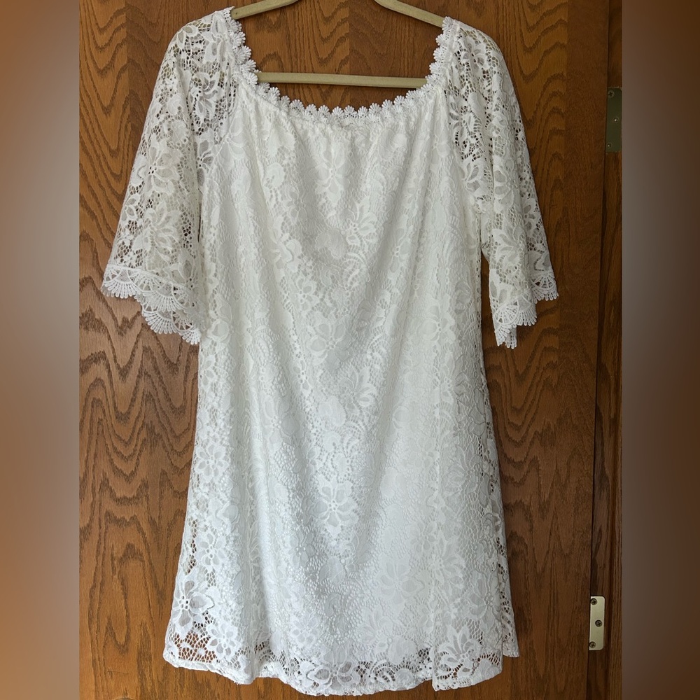 White Lace Dress with Flutter Sleeves and Off-the-Shoulder Neckline